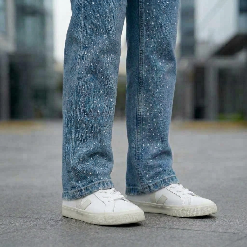 Jean denim niña con brillos strass hecho en Perú tiro alto — Angela Kids