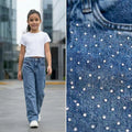 Jean niña wide leg denim azul con brillos strass tiro alto — Angela Kids Perú