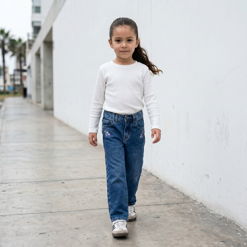 Jean Niña Jean Denim Azul con Bordado de Flores