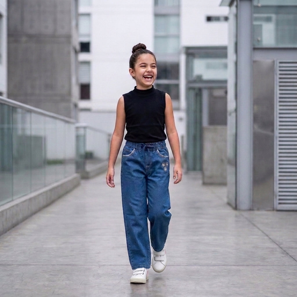 Pantalón Chambray Niña con Margaritas Bordadas