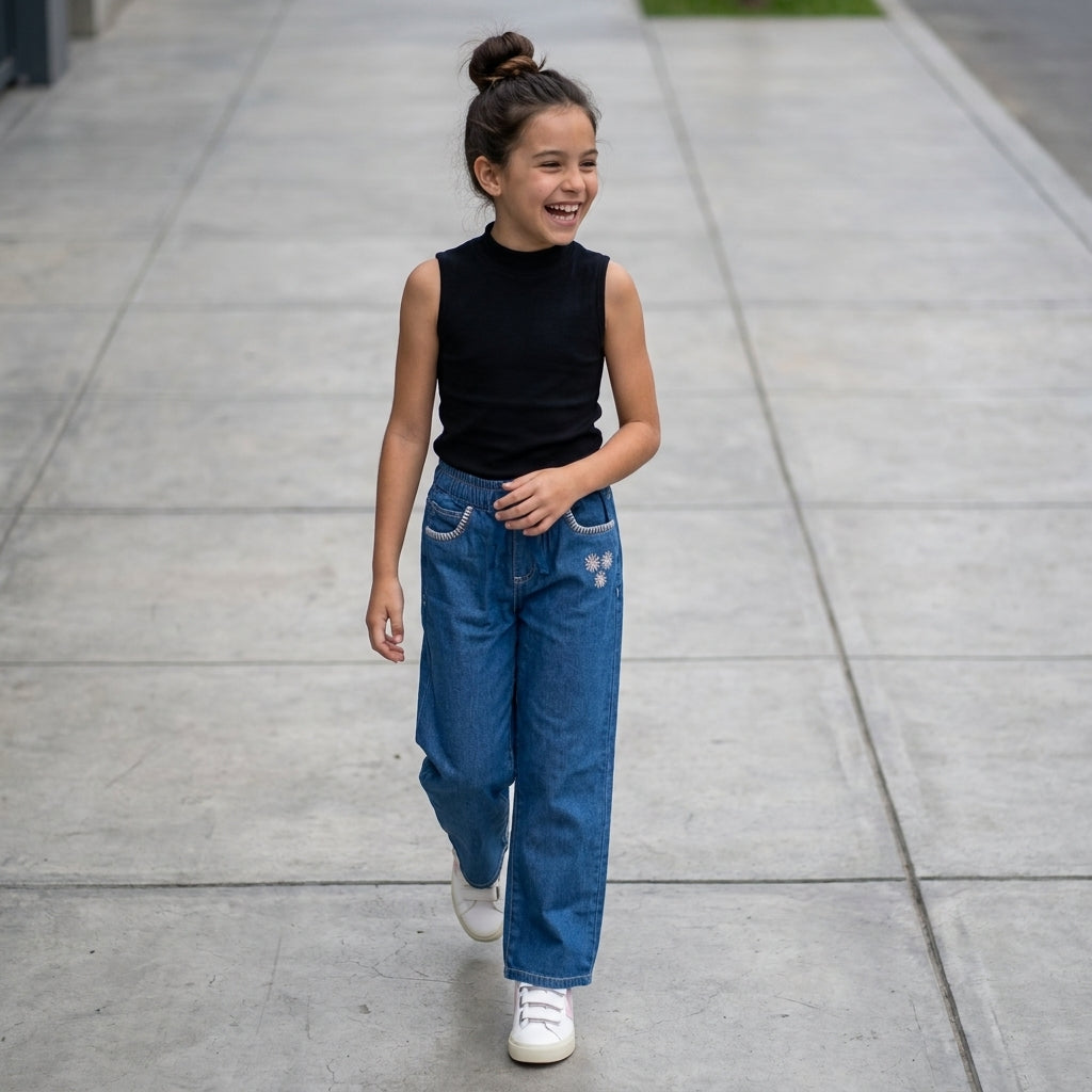 Pantalón Chambray Niña con Margaritas Bordadas