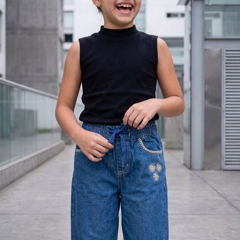 Pantalón chambray azul para niña con tres margaritas bordadas, cintura elástica con cordón y bordes decorativos en los bolsillos.