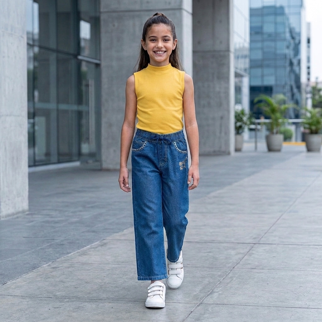 Pantalón Chambray Niña con Bordado Floral