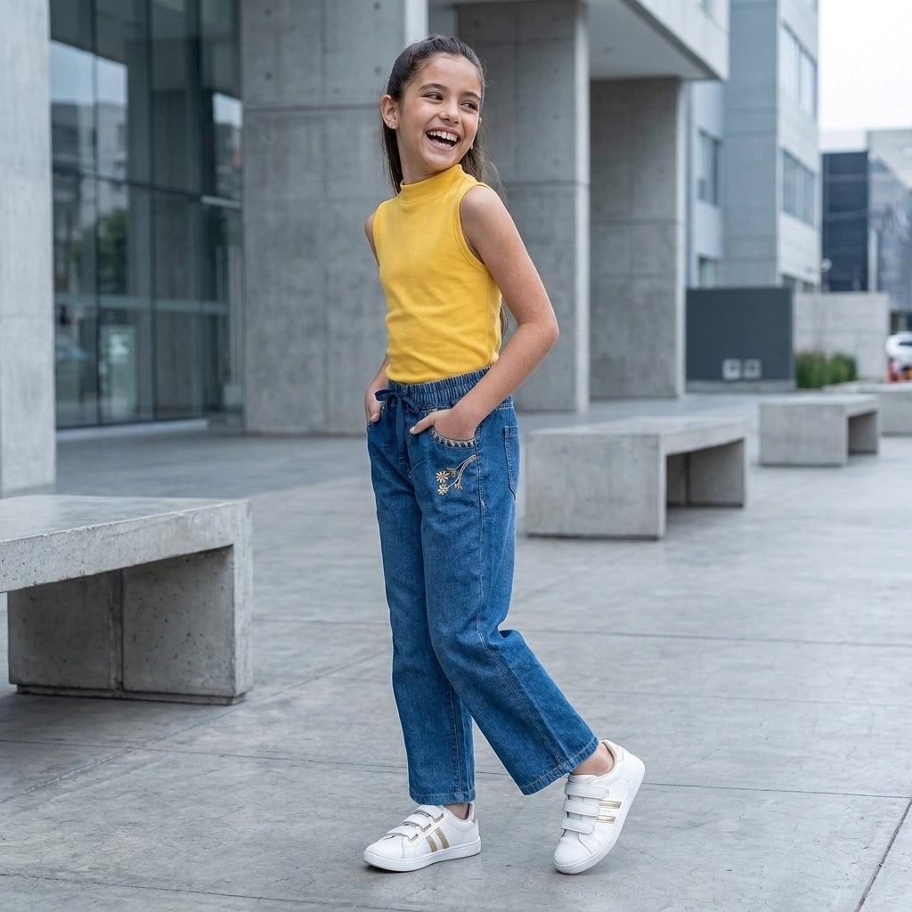 Pantalón Chambray Niña con Bordado Floral
