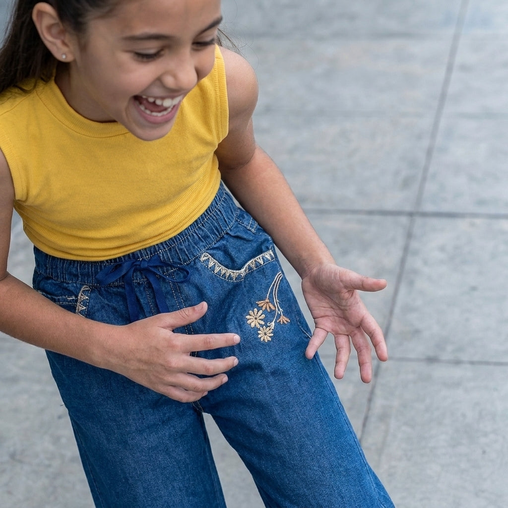 Pantalón Chambray Niña con Bordado Floral