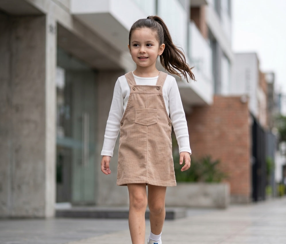 Vestido jardinera de corduroy beige niña — Angela Kids