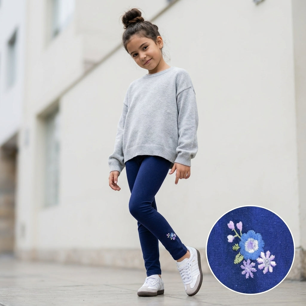 Legging Afranelada Niña Invierno Azul Marino con Bordado Floral