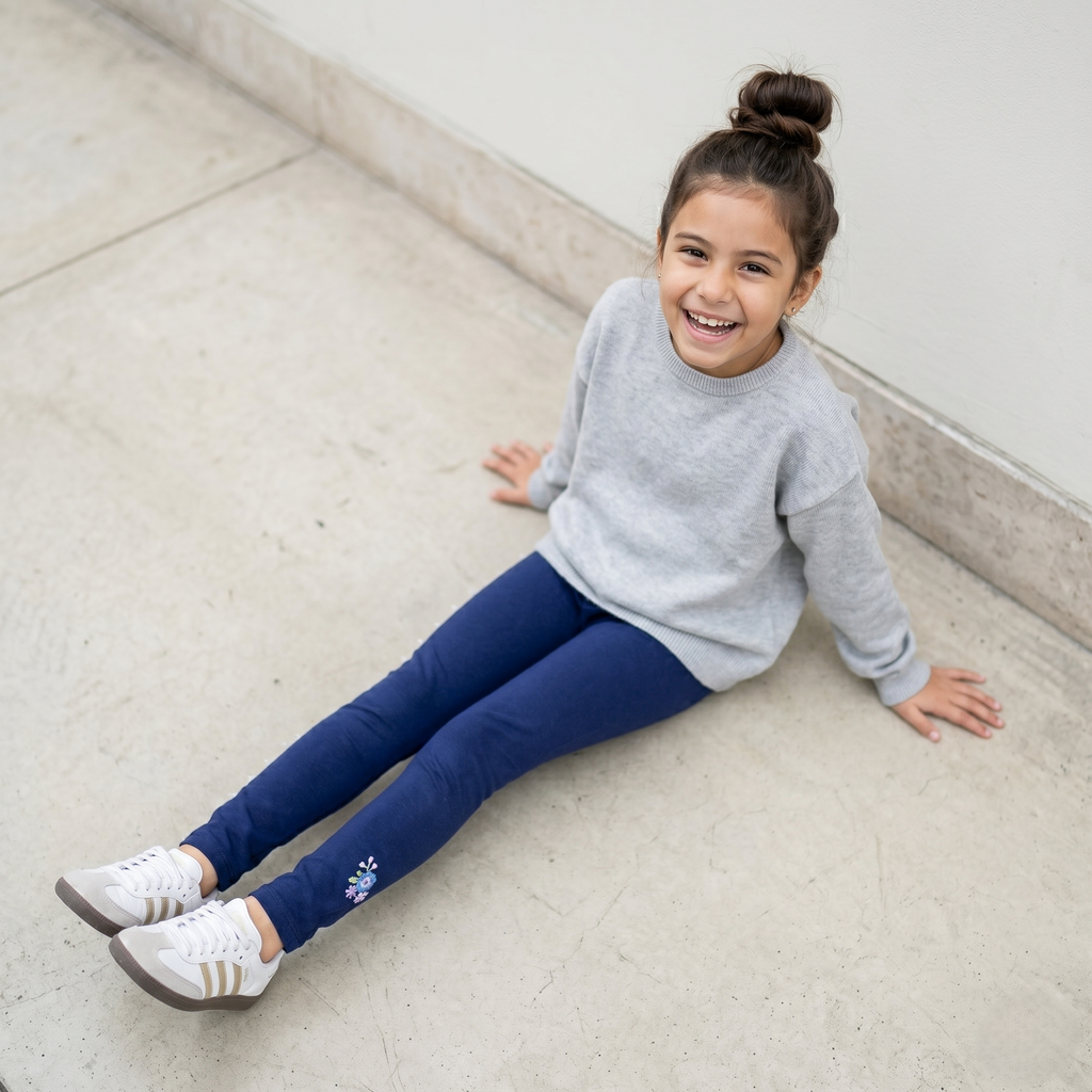 Legging Afranelada Niña Invierno Azul Marino con Bordado Floral