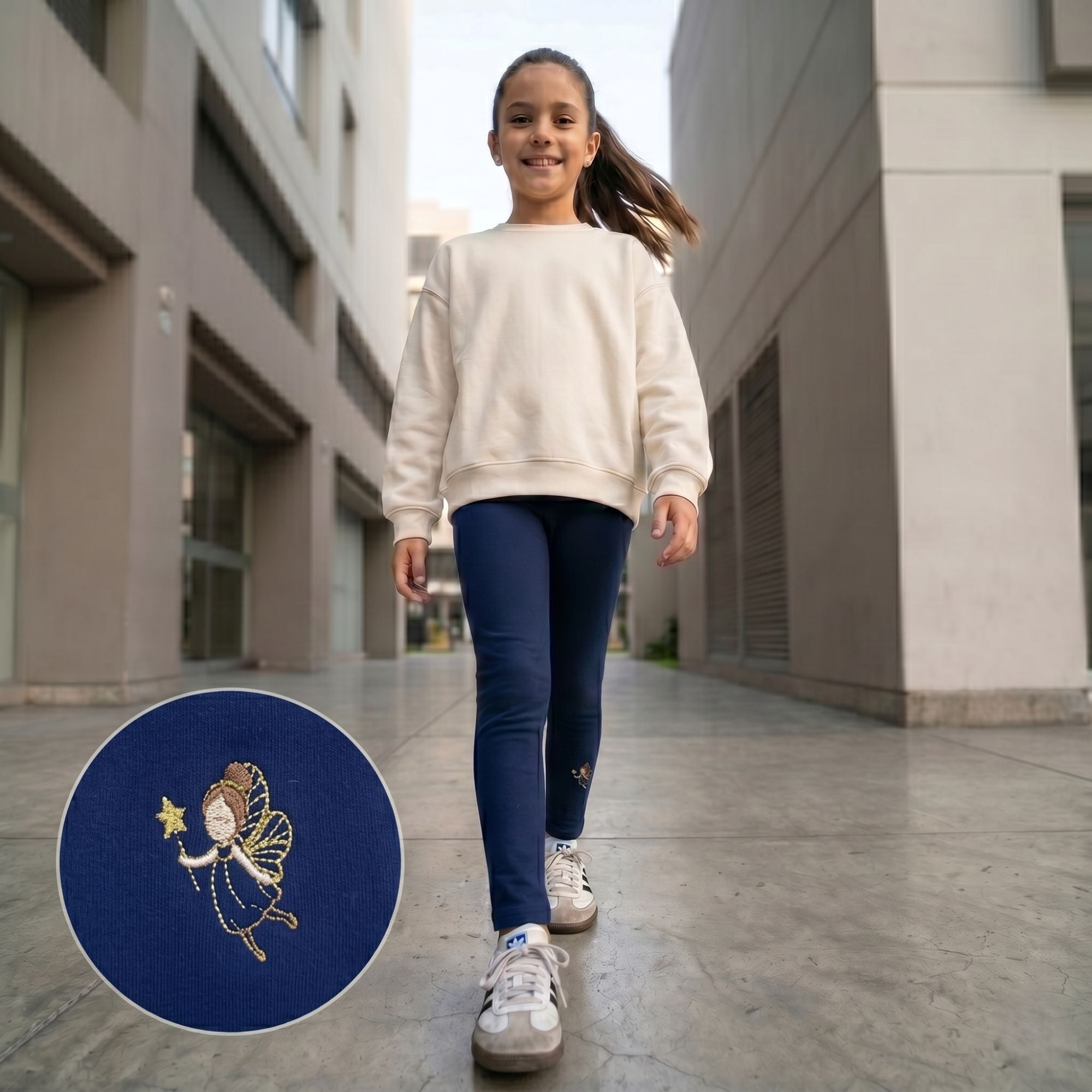 Legging afranelada niña invierno azul marino con bordado – Angela Kids Perú