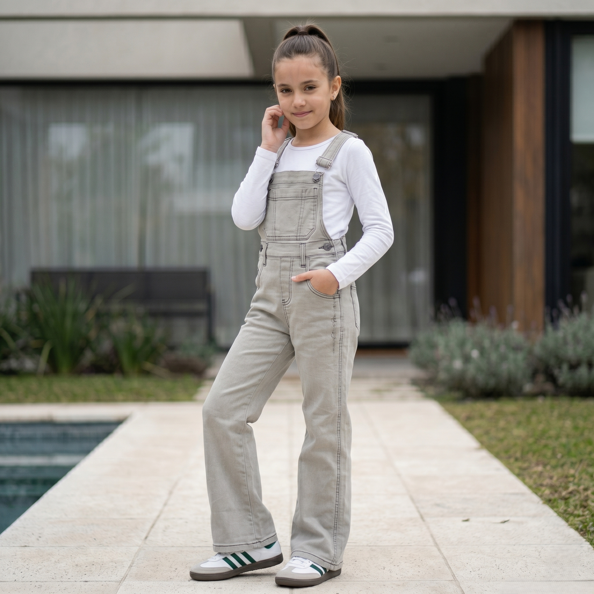 Overall denim niña gris sin manga – Angela Kids Perú
