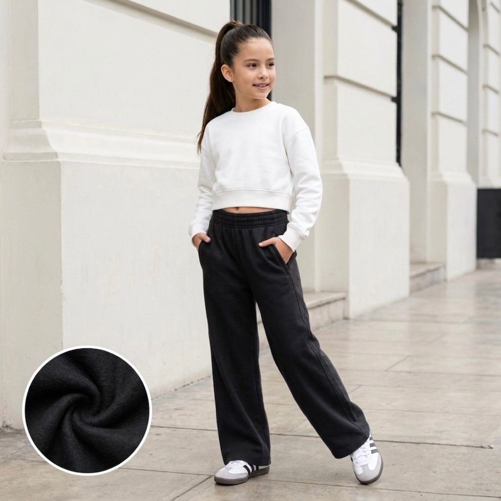 Pantalón palazzo wide leg afranelado negro cintura elasticada bolsillos – Angela Kids Perú