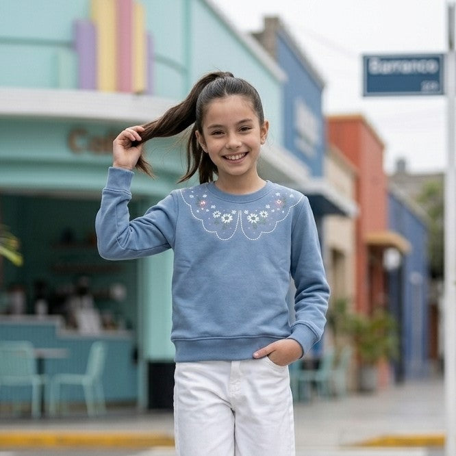 Polera Celeste Bordada Niña - Celeste