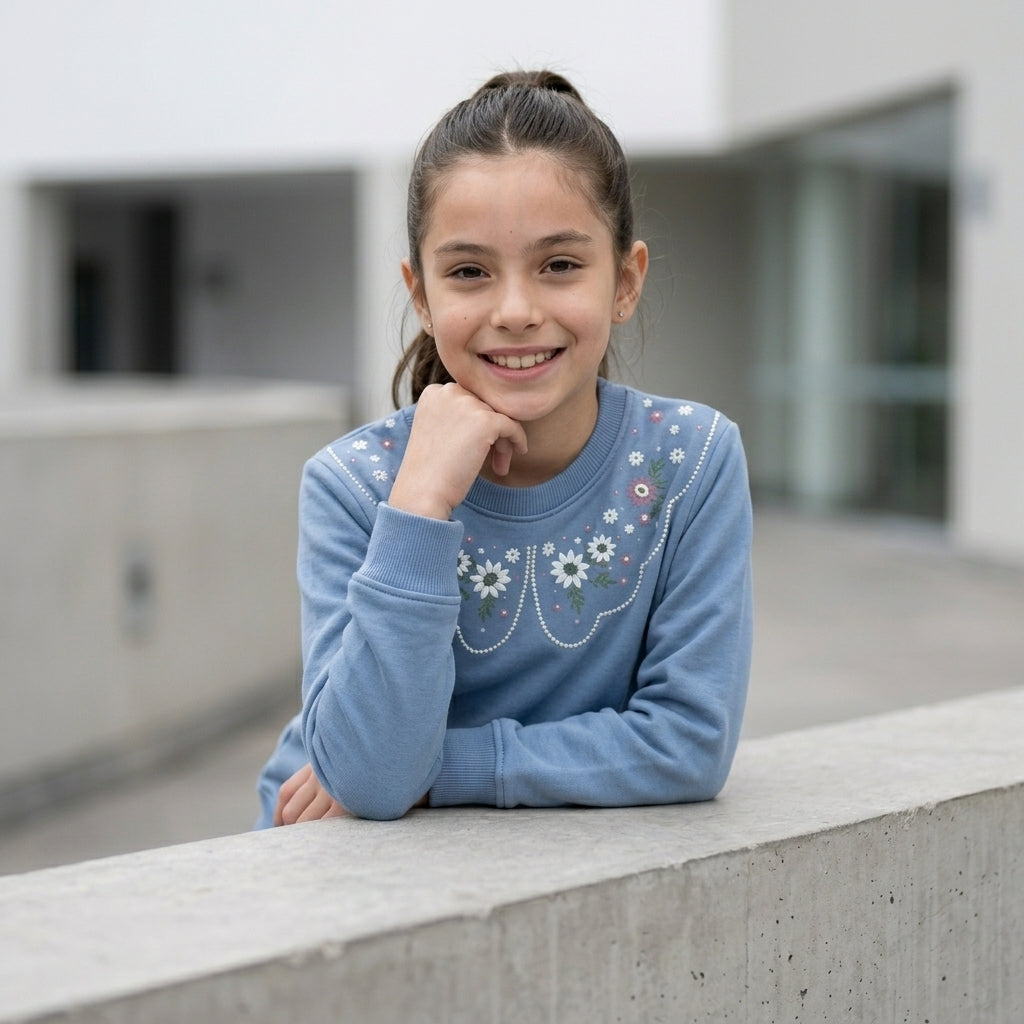 Polera Celeste Bordada Niña - Celeste