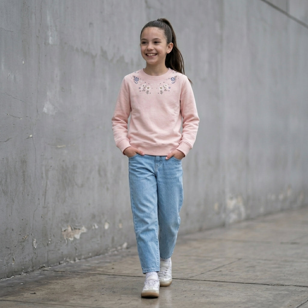 Polera Rosado Bordada Niña