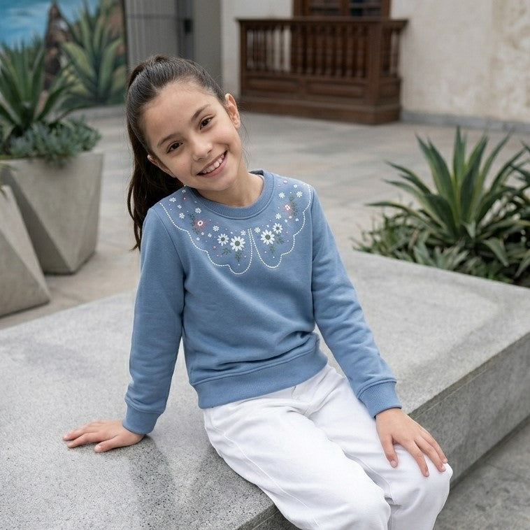Polera celeste bordada para niña - Angela Kids