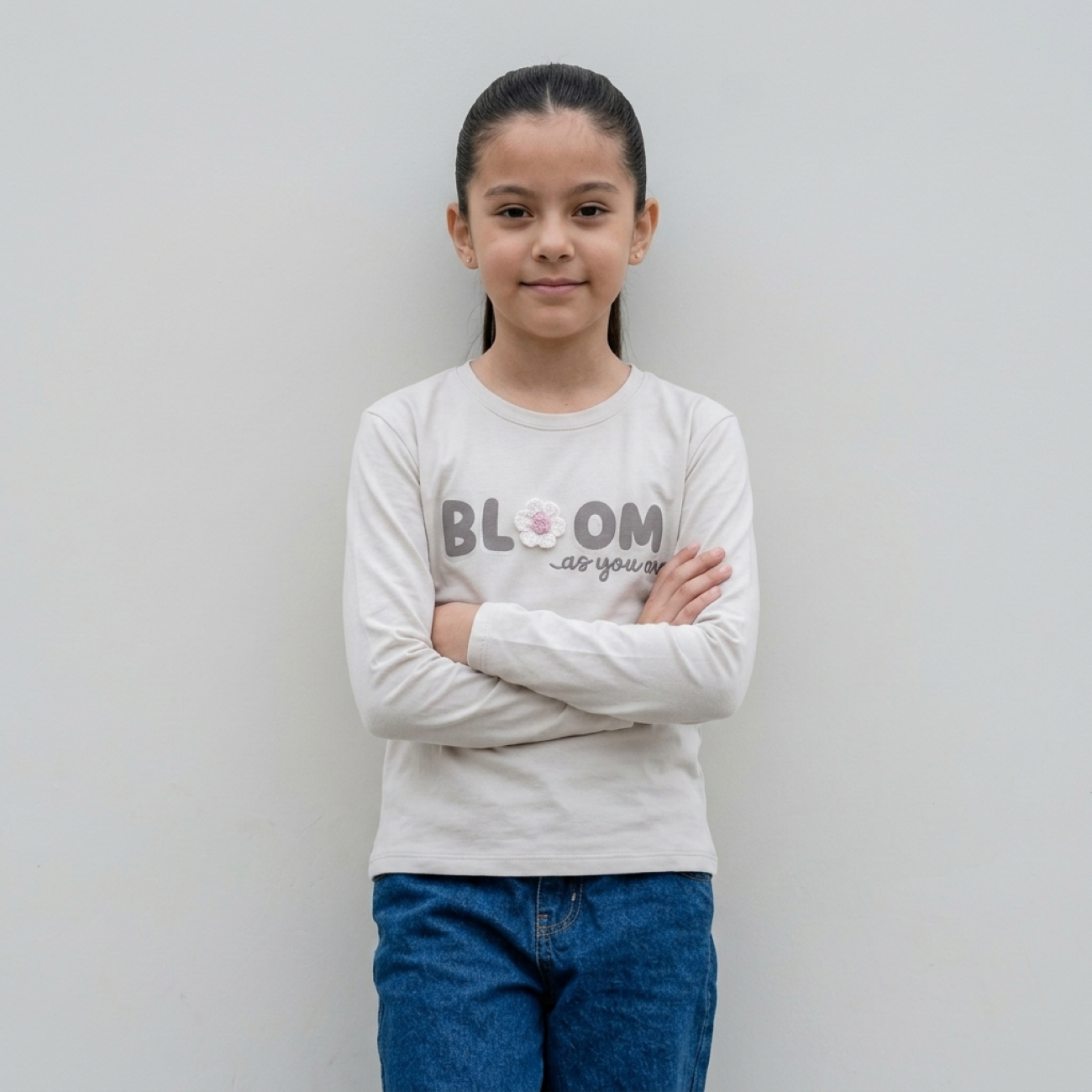 Polo Niña Algodón Manga Larga Hueso Estampado Bloom con Flor 3D