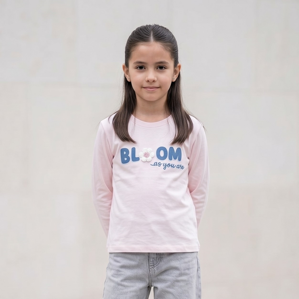 Polo Niña Algodón Manga Larga Rosa Estampado Bloom con Flor 3D