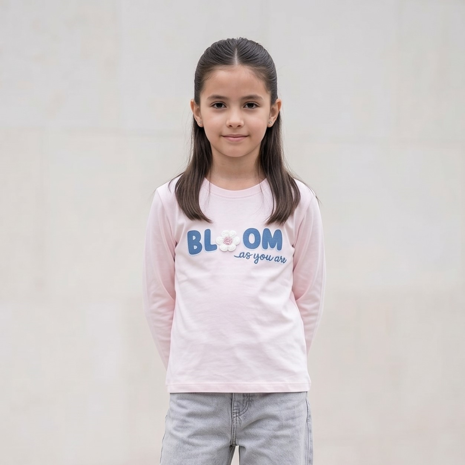 Polo Niña Algodón Manga Larga Rosa Estampado Bloom con Flor 3D