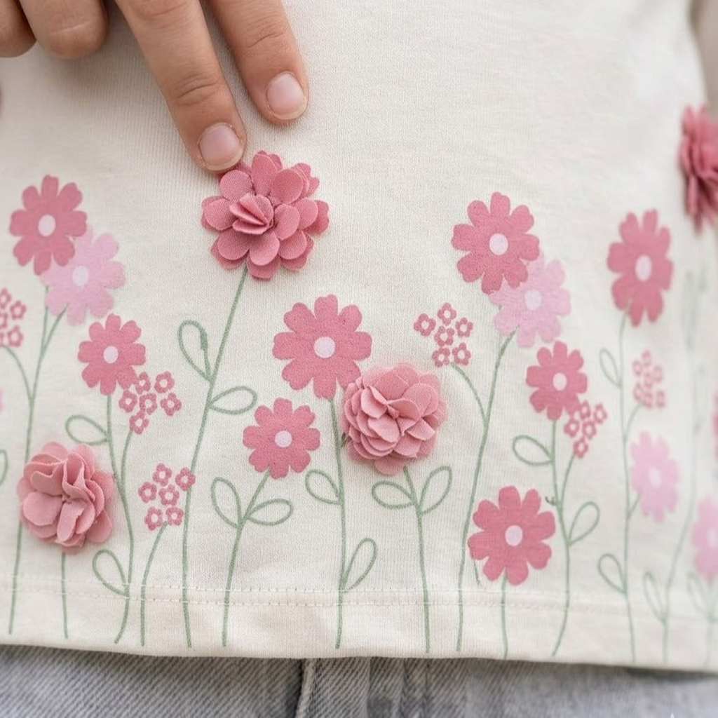 Polo Niña Algodón Manga Larga Crema con Flores 3D Rosadas