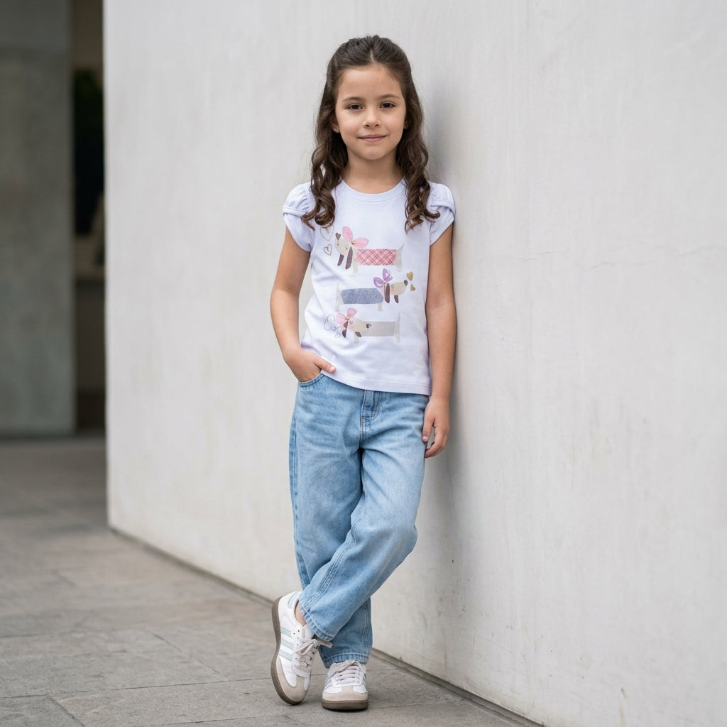 Polo de Algodón para Niña con Manga Tulipán - Celeste