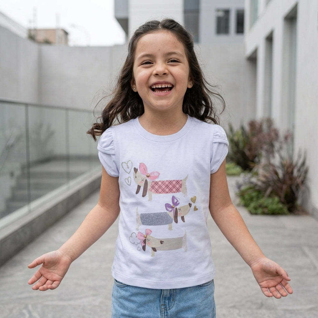 Polo de Algodón para Niña con Manga Tulipán - Celeste