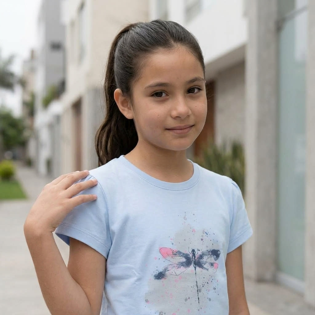 Polo Niña Algodón Estampado Libélula Celeste