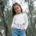 Polo Niña Algodón Manga Larga Crema con Flores 3D Azules y Rosas