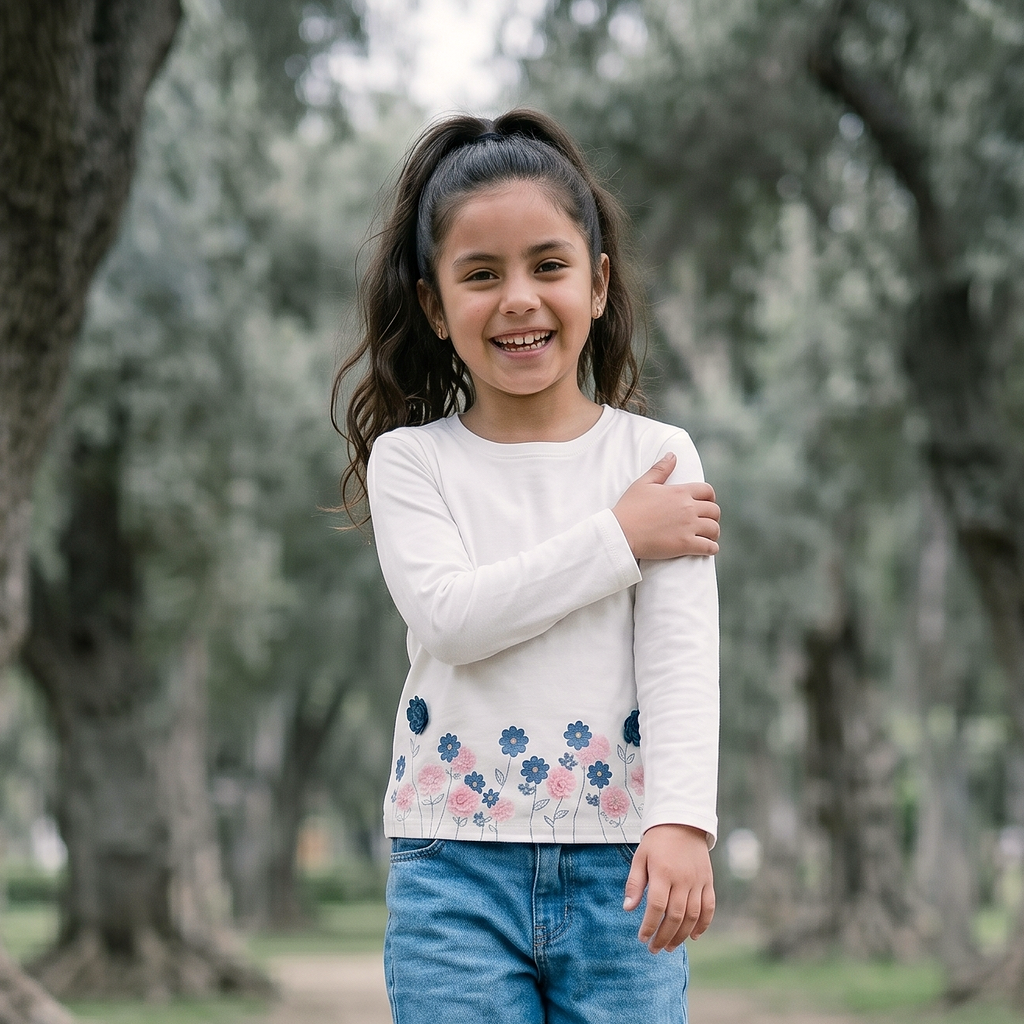 Polo Niña Algodón Manga Larga Crema con Flores 3D Azules y Rosas
