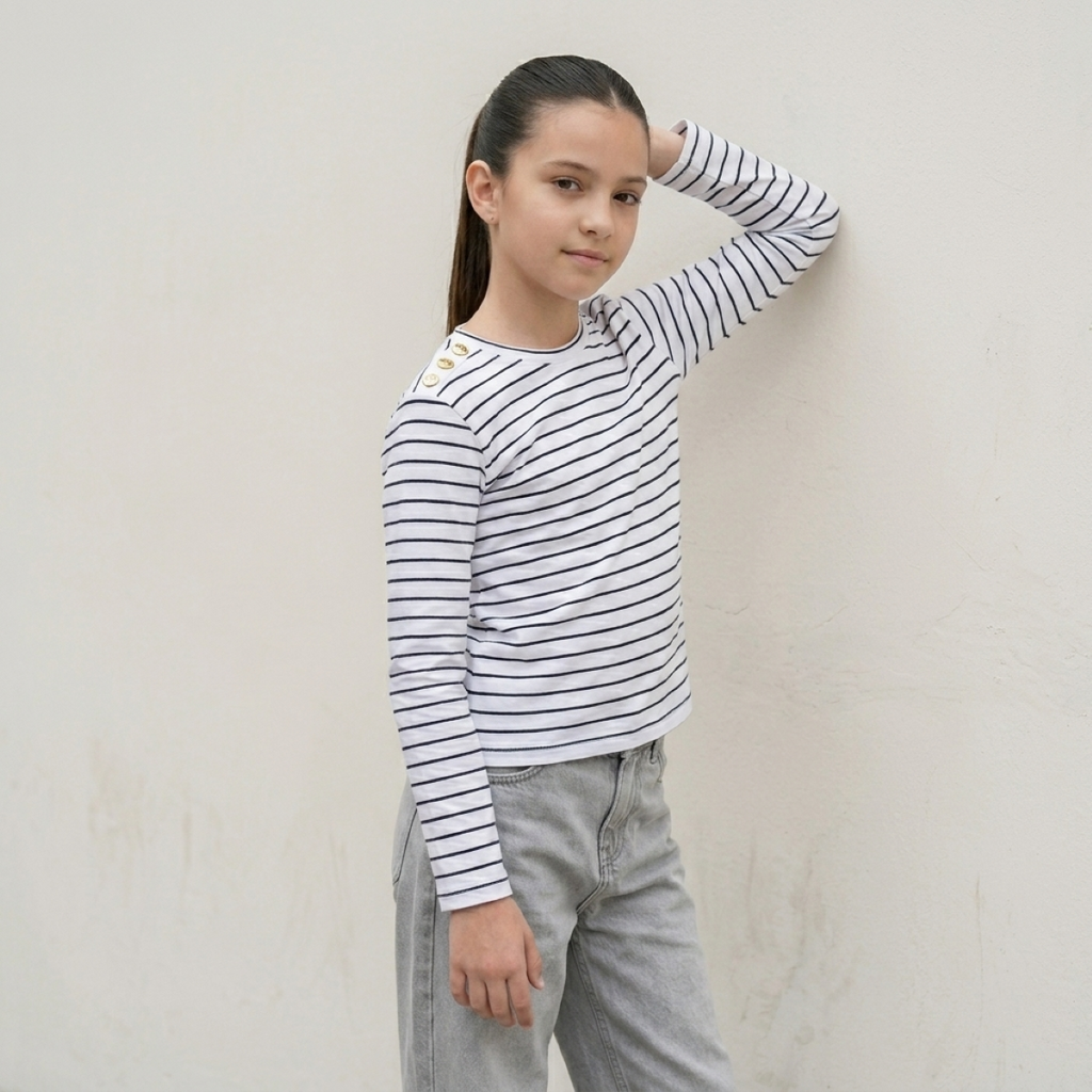 Polo Niña Algodón Manga Larga Rayas Blanco y Azul con Botones