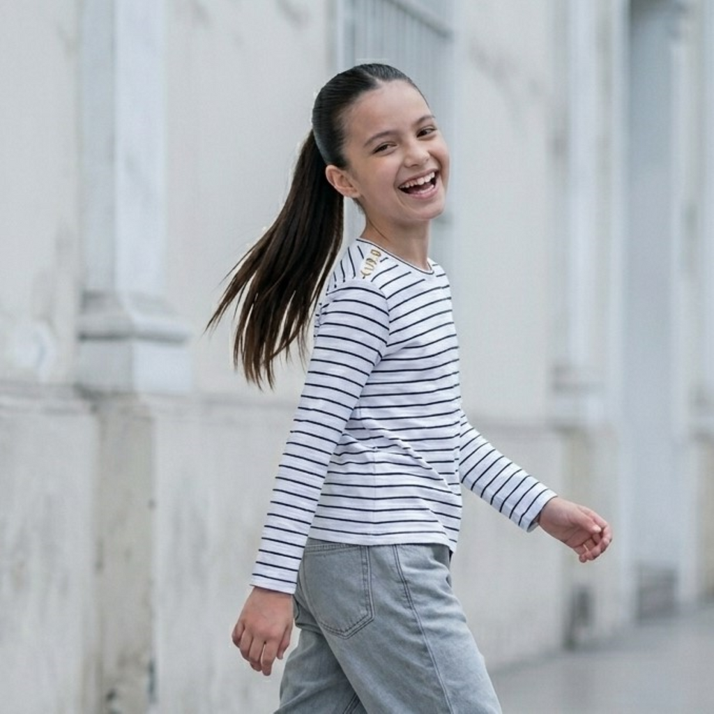 Polo Niña Algodón Manga Larga Rayas Blanco y Azul con Botones