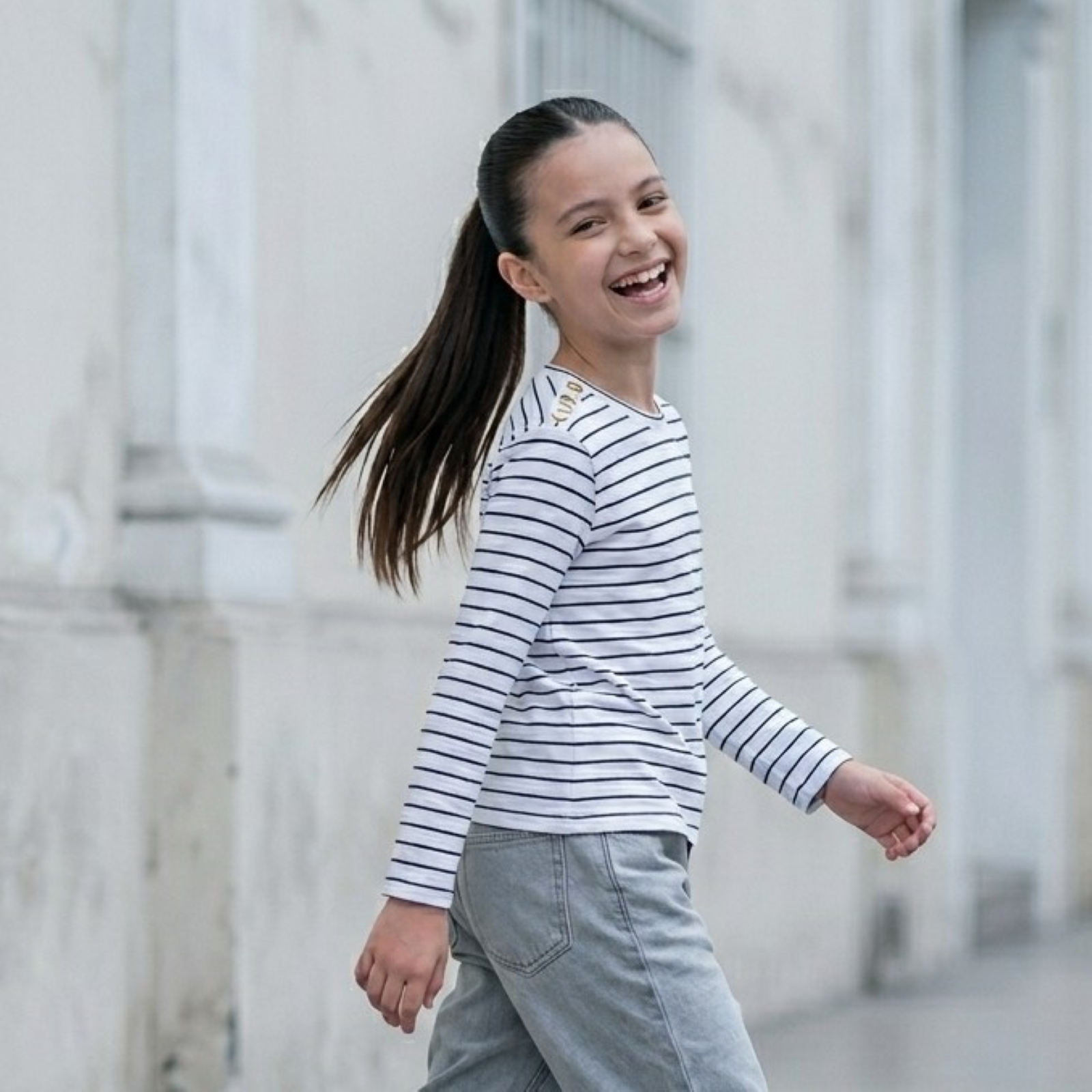Polo Niña Algodón Manga Larga Rayas Blanco y Azul con Botones