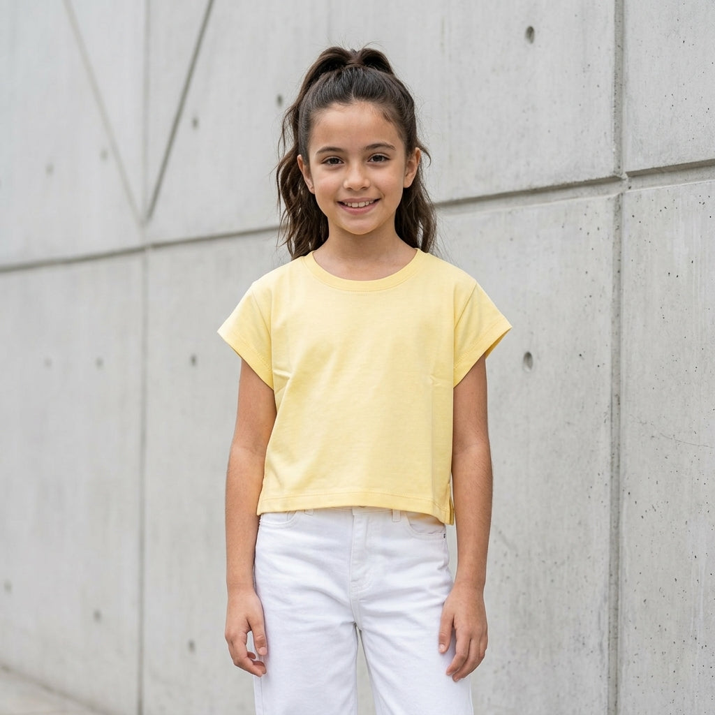 Polo Crop Niña 100% Algodón Manga Corta (Amarillo Limón)