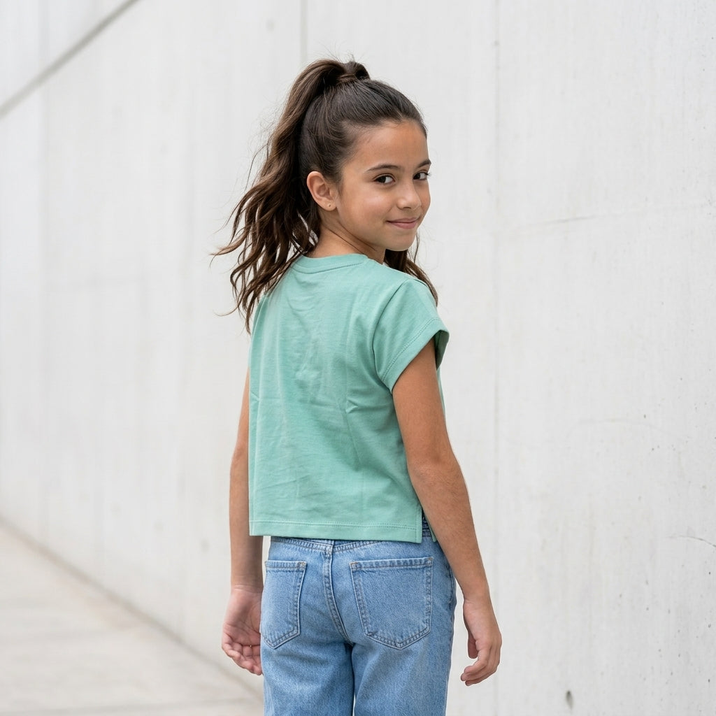 Polo Crop Niña 100% Algodón Manga Corta (Verde Menta)