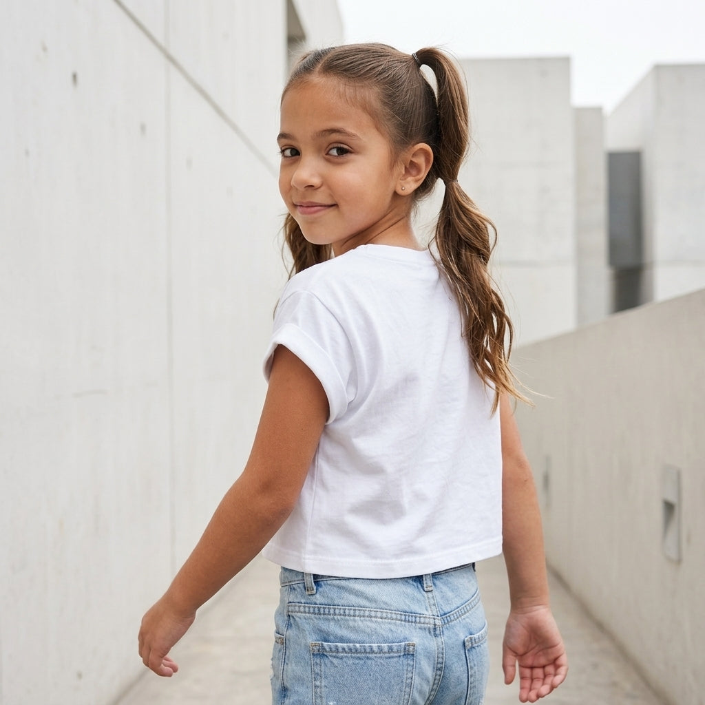 Polo Crop Niña 100% Algodón Manga Corta (Blanco)