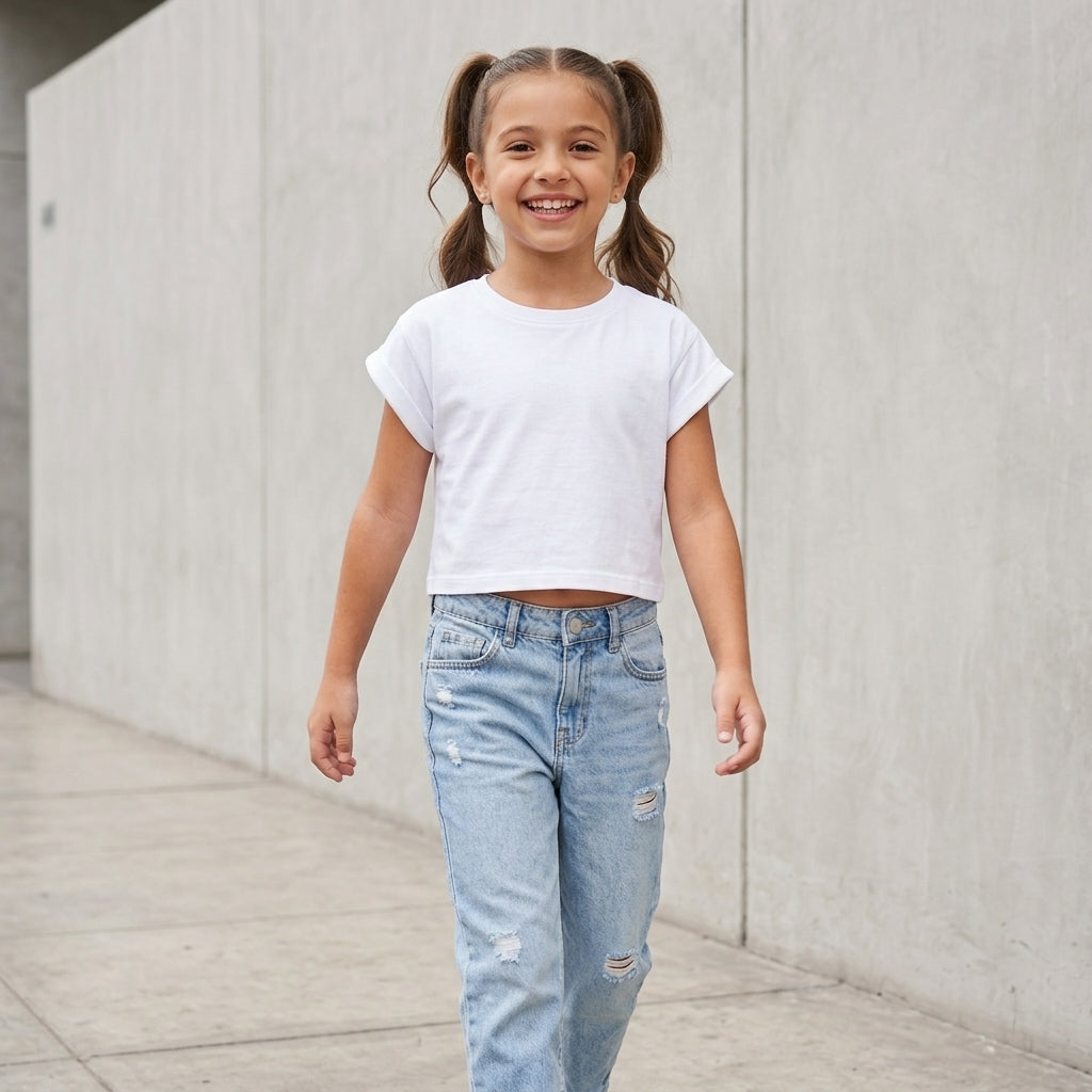Polo Crop Niña 100% Algodón Manga Corta (Blanco)