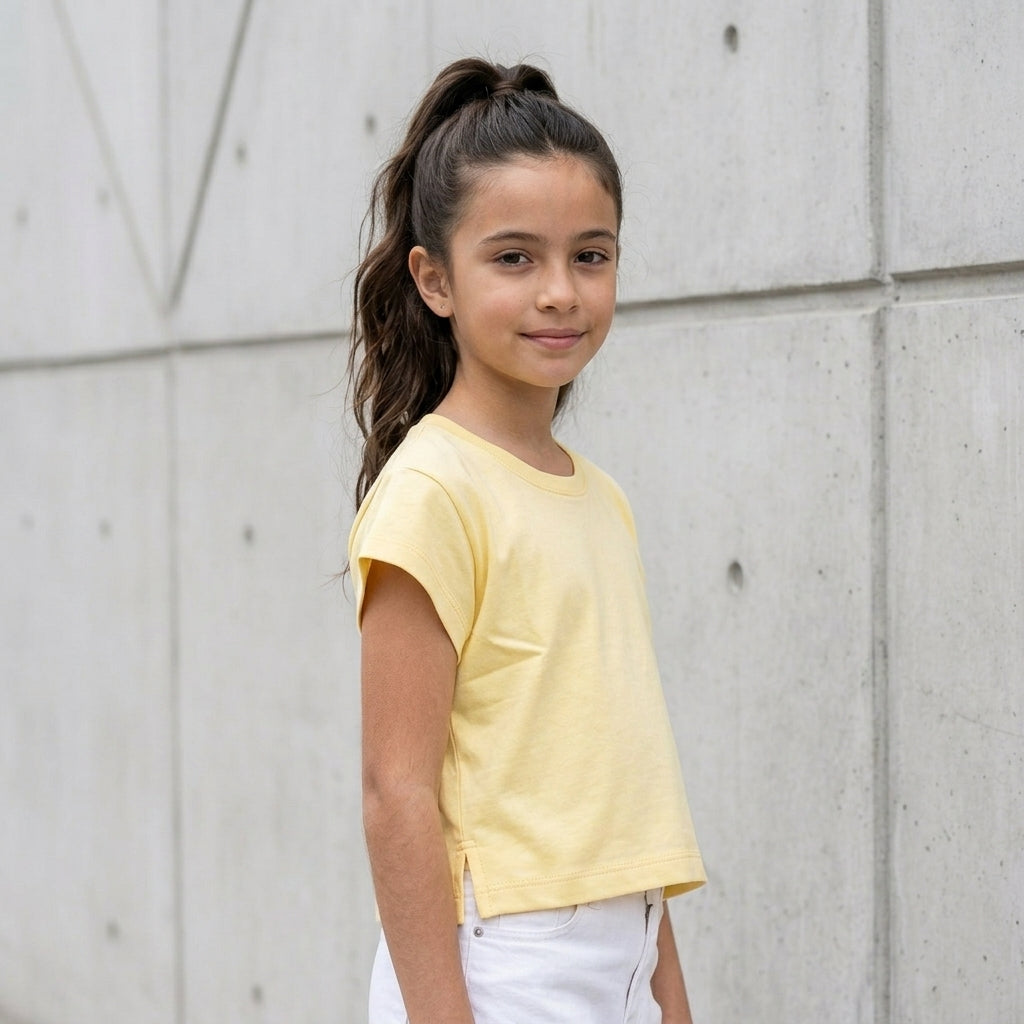 Polo Crop Niña 100% Algodón Manga Corta (Amarillo Limón)