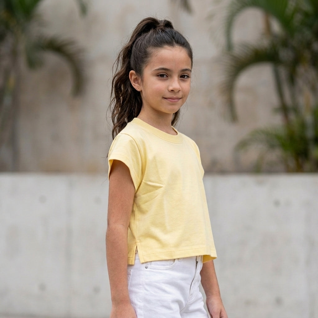 Polo Crop Niña 100% Algodón Manga Corta (Amarillo Limón)