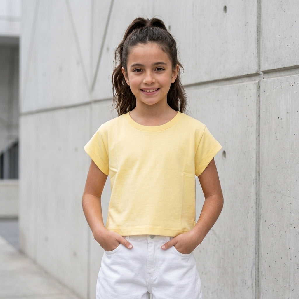 Polo Crop Niña 100% Algodón Manga Corta (Amarillo Limón)