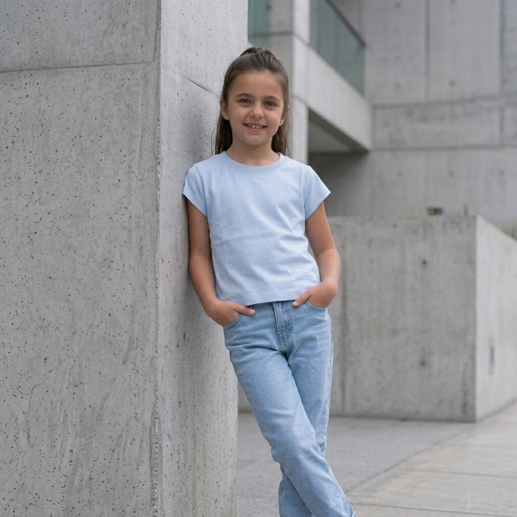 Polo crop niña manga cap sleeve celeste baby — Angela Kids Perú