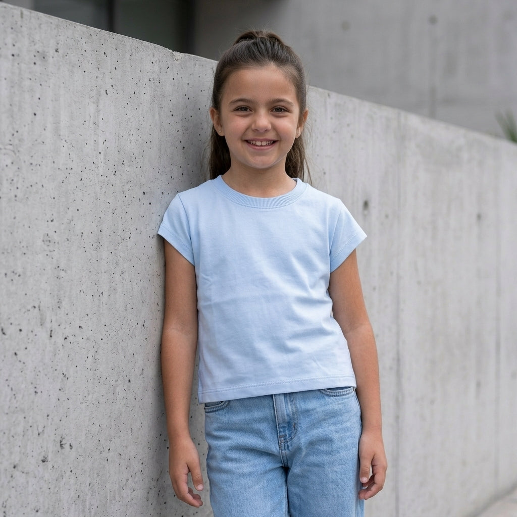 Polo crop niña algodón celeste baby corte boxy — Angela Kids Perú

