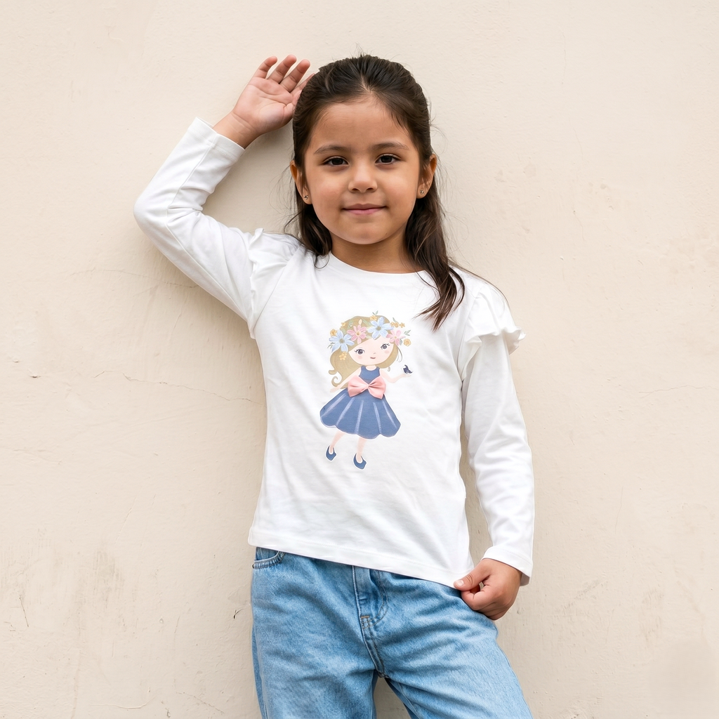 Polo Niña Algodón Manga Larga Blanco con Volantes (Estampado Niña)