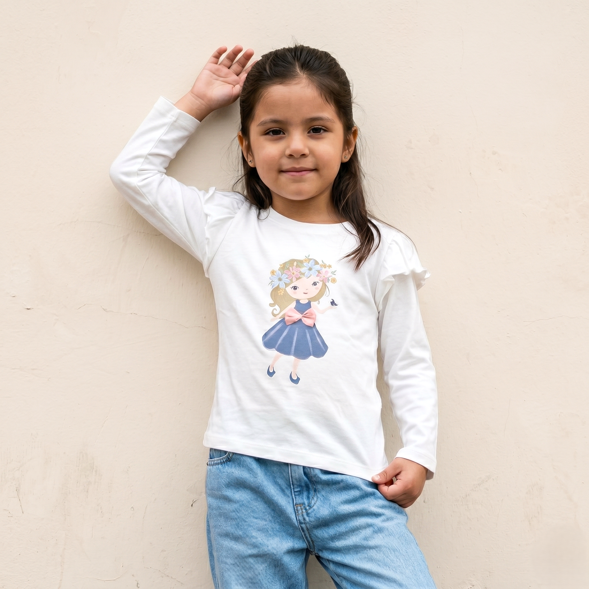 Polo Niña Algodón Manga Larga Blanco con Volantes (Estampado Niña)