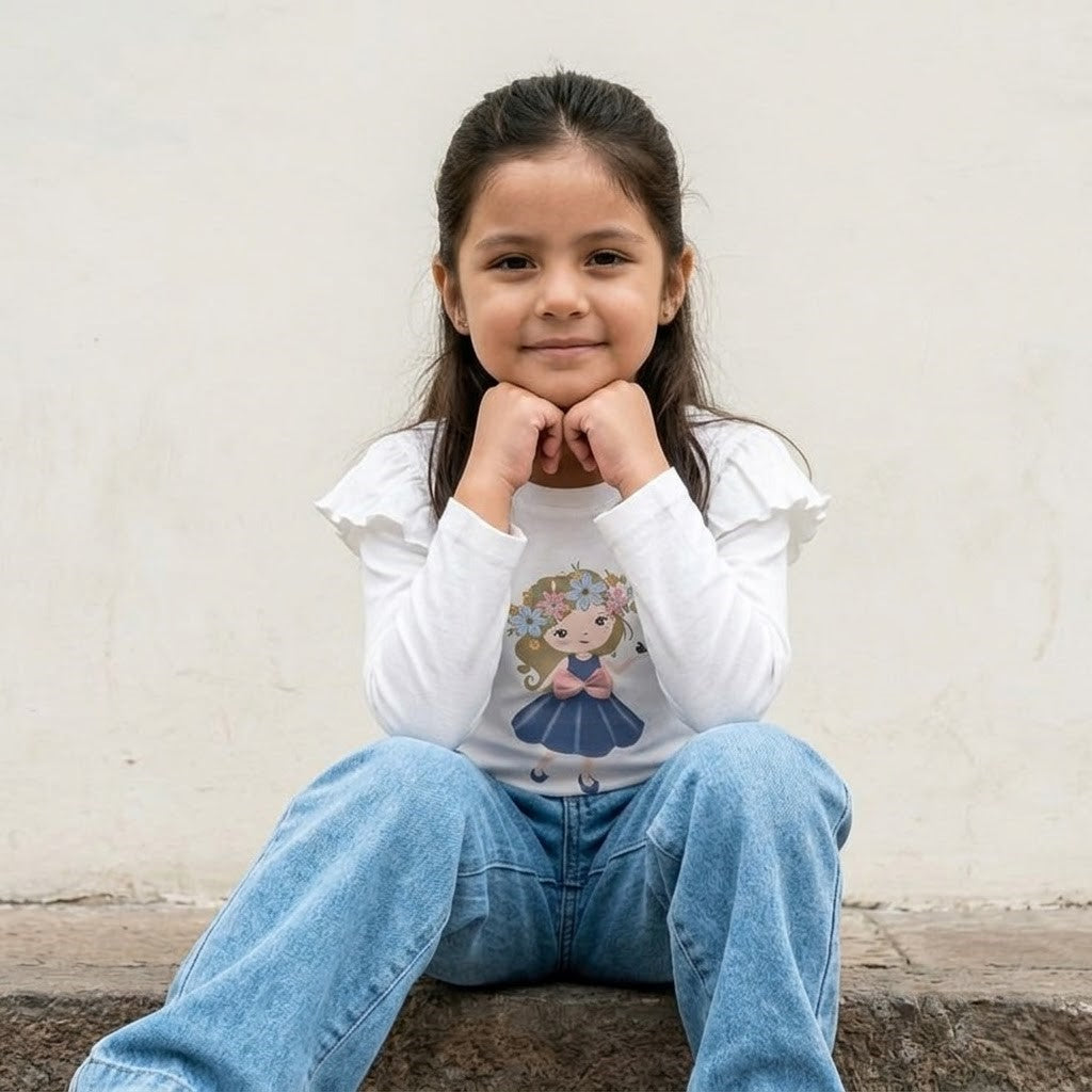 Polo Niña Algodón Manga Larga Blanco con Volantes (Estampado Niña)