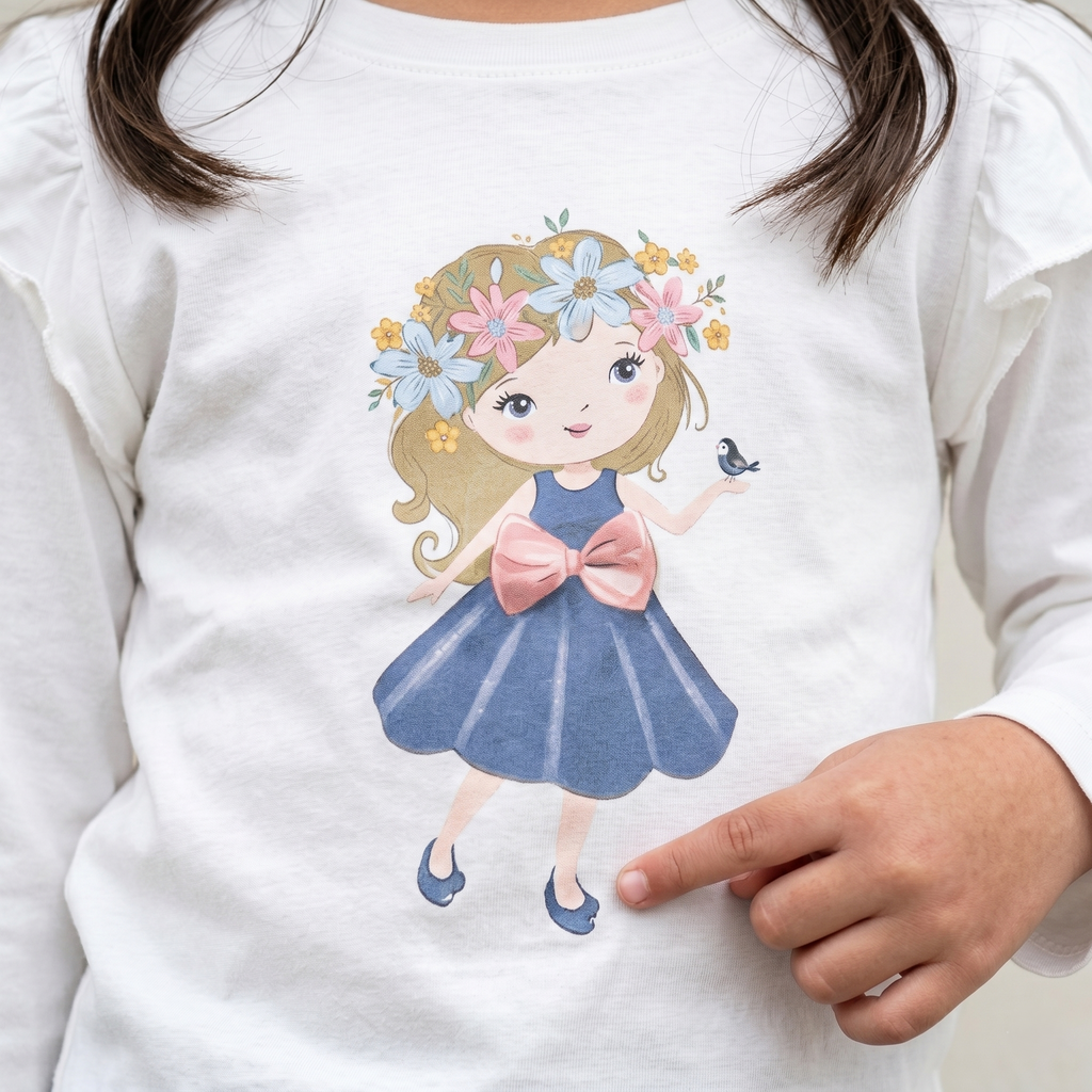 Polo Niña Algodón Manga Larga Blanco con Volantes (Estampado Niña)