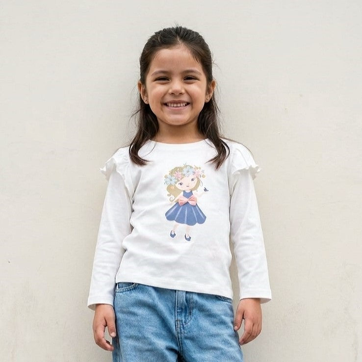 Polo Niña Algodón Manga Larga Blanco con Volantes (Estampado Niña)
