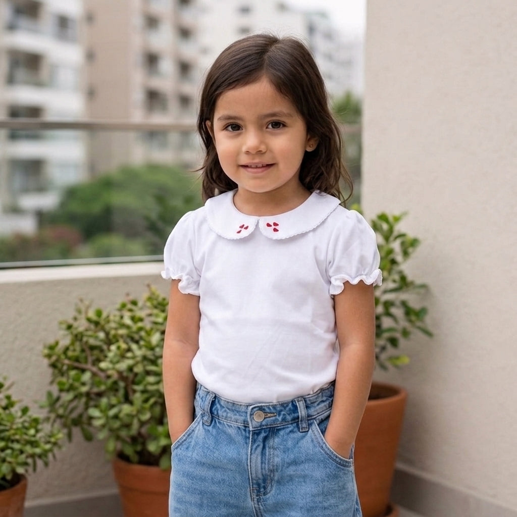 Polo de algodón para niña con cuello de corazones
