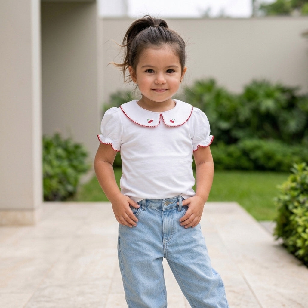 Polo de algodón para niña con cuello de cerezas