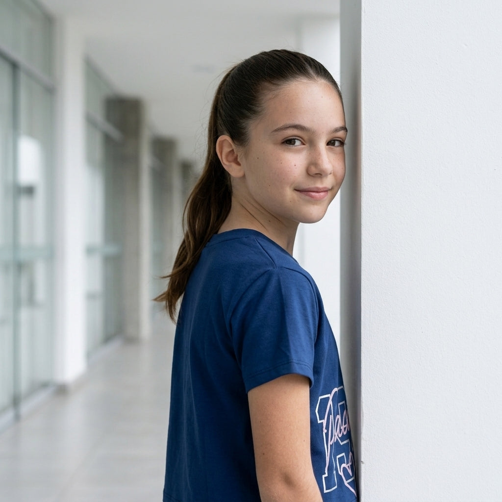 Polo Crop Azul para Niña – Algodón Manga Corta Estampado “Pacific Coast”