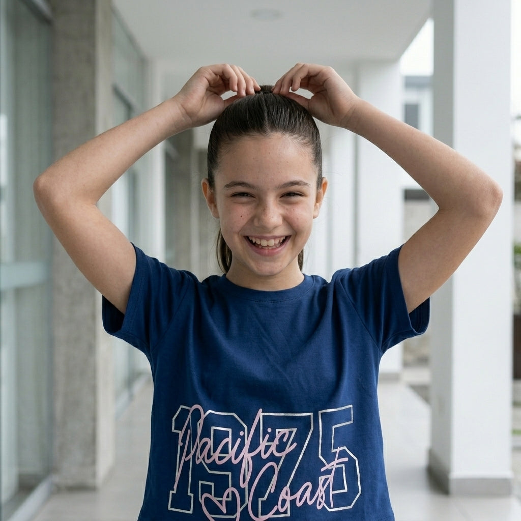 Polo Crop Azul para Niña – Algodón Manga Corta Estampado “Pacific Coast”
