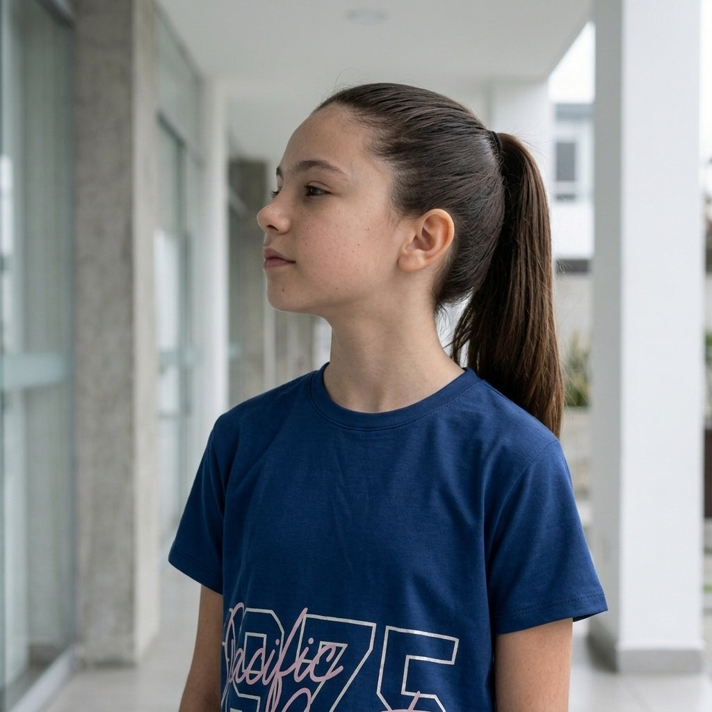Polo Crop Azul para Niña – Algodón Manga Corta Estampado “Pacific Coast”